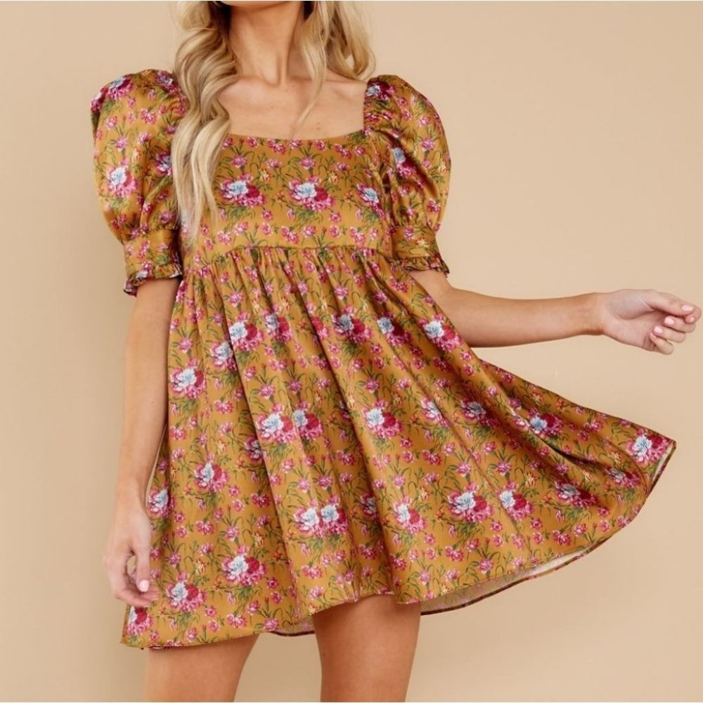 LoveShackFancy Mustard Floral Puff-Sleeve Mini Dress